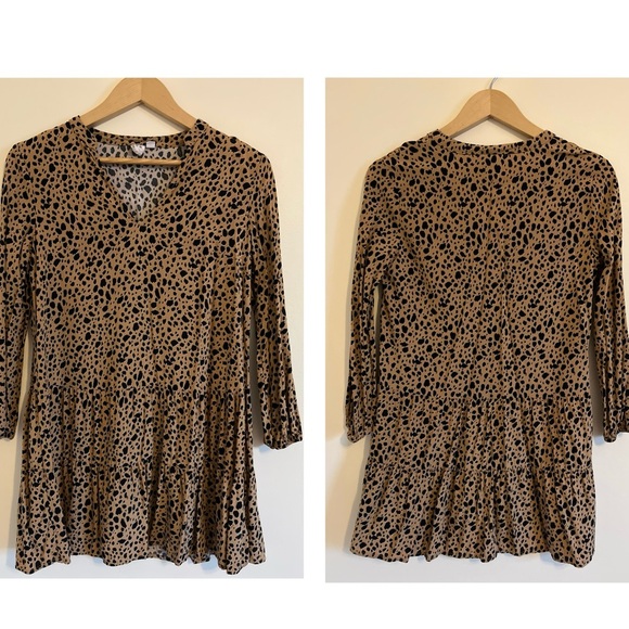 Gap Womens Dress Small Leopard Brown Puffed Sleeve Tiered Tunic Peplum Flowy - Picture 1 of 17